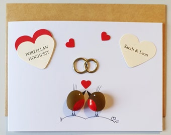 Geschenkkarte Porzellanhochzeit mit kleinen Vögelchen, 20 Jahrestag, Meerglas, Klappkarte, Wunschnamen, Kieselsteinkunst, Grußkarte Liebe