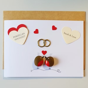 Geschenkkarte Porzellanhochzeit mit kleinen Vögelchen, 20 Jahrestag, Meerglas, Klappkarte, Wunschnamen, Kieselsteinkunst, Grußkarte Liebe