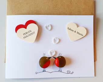 Geschenkkarte Perlenhochzeit mit kleinen Vögelchen, 30 Jahrestag, Meerglas, Klappkarte, Wunschnamen, Karte 30 Hochzeitstag, Grußkarte Liebe
