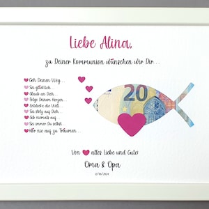 Geldgeschenk zur Konfirmation, Erstkommunion,Kommunion, Firmung, Taufgeschenk, Geschenk personalisiert, Bilderrahmen Fisch mit Herz Mädchen