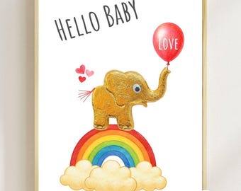 Poster Kinderzimmer 40x60 cm, Geschenk Mädchen Kinderzimmer, Geschenk Geburt, Baby Regenbogen, Baby Elefant, Babyparty, Glücksbringer