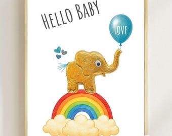Poster Kinderzimmer 40x60 cm, Geschenk Junge Kinderzimmer, Geschenk Geburt, Baby Regenbogen, Baby Elefant, Babyparty, Glücksbringer