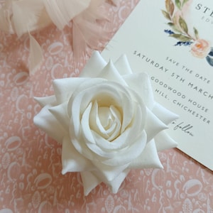May include: A single white rose with a delicate, layered texture. The rose is lying on a pink background with a white pattern.