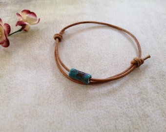 Brown leather sliding knot bracelet with ceramic bead Beach style bracelet