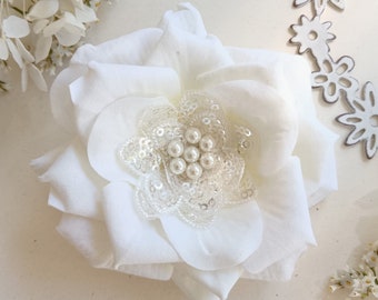 Ivory rose and pearls hair flower bridal hair rose velvet touch rose hair flower real looking pale ivory rose hair clip