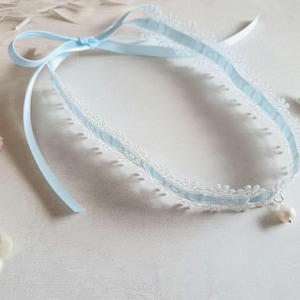 Embroidered Lace and Ribbon Tie Choker Necklace with Freshwater pearl