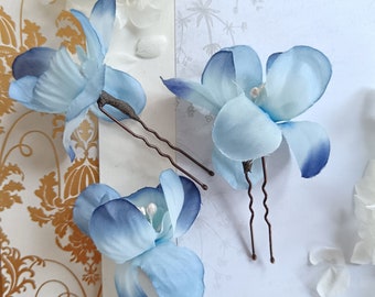 Blue Silk flower hair pins set of 3 bun pins blue Boho bridal hair pins Something blue hair accessory