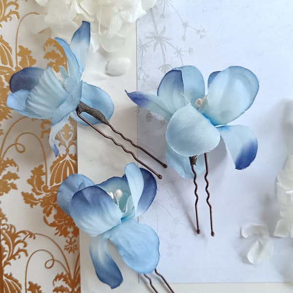 Blue Silk flower hair pins set of 3 bun pins blue Boho bridal hair pins Something blue hair accessory