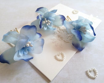 Blue Silk flower hair pins set of 3 bun pins blue Boho bridal hair pins Something blue hair accessory