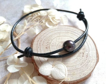 Black pearl and leather beach style bracelet freshwater pearl Beach jewellery real leather sliding knot bracelet