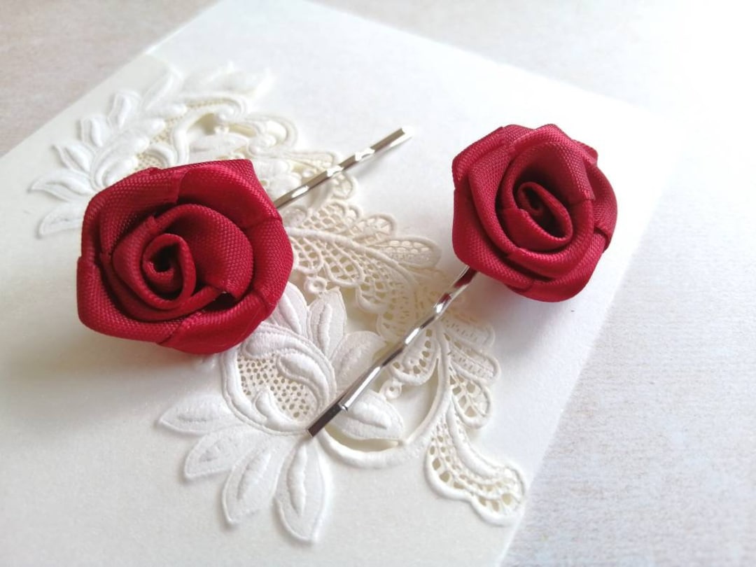 Red Satin Ribbon Rose Hair Pins Set of 2 Rose Bobby Pins Bridal Hair