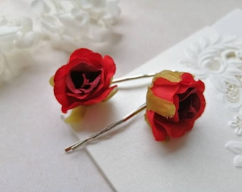 Red rose hair pins Rose bobby pins Bridal hair silk rose hair grips