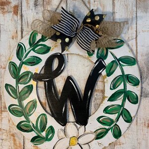 Initial in a circle door hanger with greenery | Monogram Door Sign | Personalized Door Decor