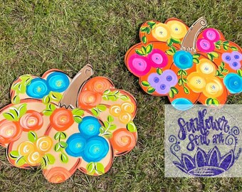 Colorful Floral Pumpkin Door Hanger | Fall Door Decor  |Pumpkin Door Sign