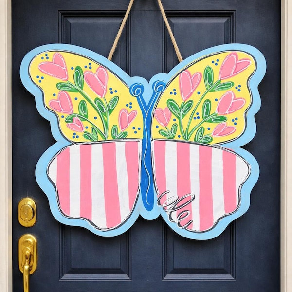 Colgante de puerta de mariposa primaveral / Decoración floral de mariposa pintada a mano para la puerta / Letrero para la puerta principal de jardín rústico / Decoración primaveral original para el porche