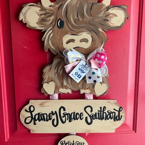 Hyland cow baby door hanger | Birth Announcement Sign | Baby Door Decor
