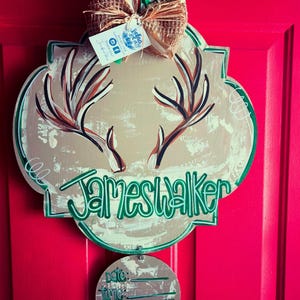 Antler Baby Birth Announcement Door Hanger | Deer Baby Door Sign | Baby Birth Door Decor