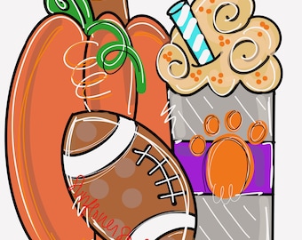 May include: A digital illustration featuring a pumpkin, a football, and a coffee drink. The pumpkin is orange with green vines. The football is brown with white stripes. The coffee drink has a paw print and a blue and white striped straw.