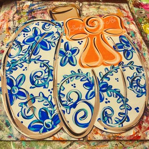 Chinoiserie (blue and white) Pumpkin with Orange Bow Door Hanger | Fall Door Decor | Chinoiserie Door SIgn