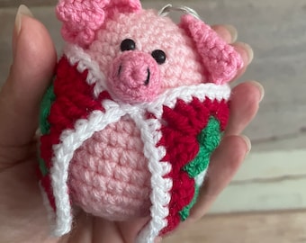 Handmade crocheted pig in a blanket, cute piggy Christmas decoration