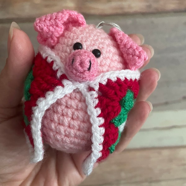 Handmade crocheted pig in a blanket, cute piggy Christmas decoration