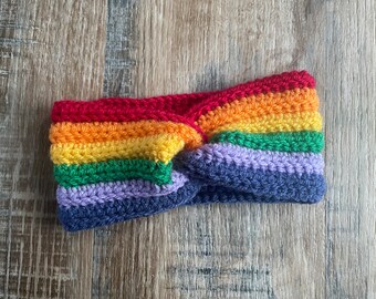 Rainbow style crocheted bright colourful adult and kids headbands/ear warmers