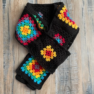 Granny square crocheted retro XL rainbow coloured boho scarf, handmade, great for festival wear