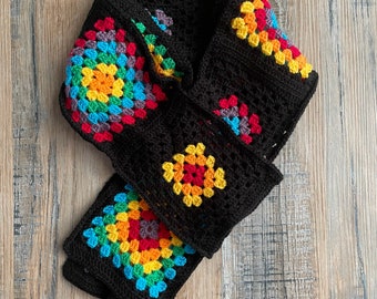 Handmade Granny Square Crocheted Scarf: Retro Rainbow Boho Festival Wear