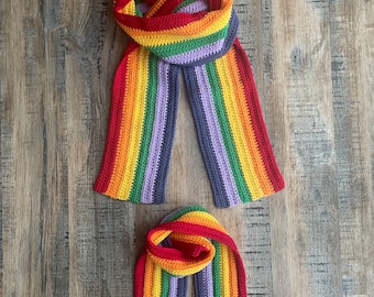 Rainbow style crocheted bright colourful adult and kids scarves