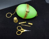 1860 Victorian Green Opaline Glass Egg French Sewing Etui