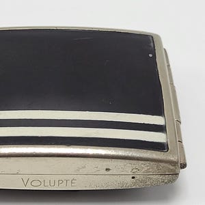 1930s Art Deco Black Geometric Enamel Volupte Powder and Rouge Compact w/ Puff