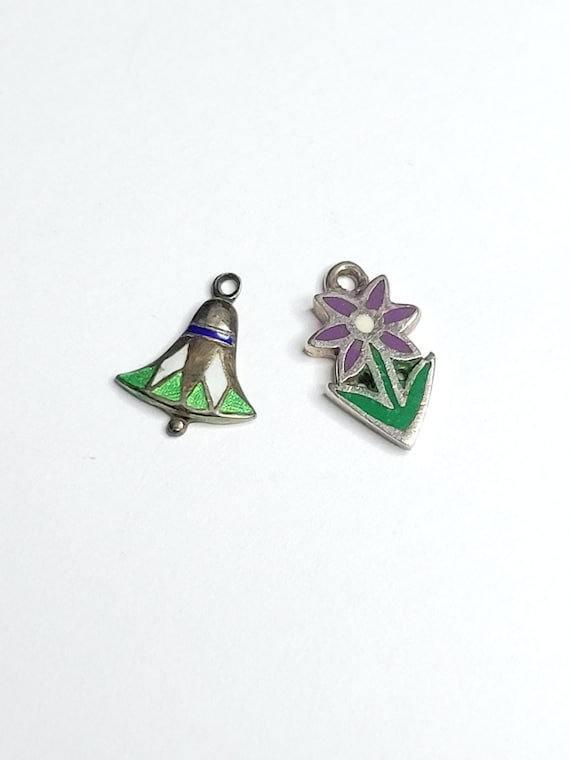 Antique Silver Enamel Bell and Flower Charms