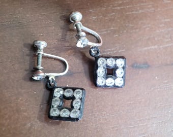 Vintage 1960s Black Plastic and White Rhinestone Screw Back Earrings