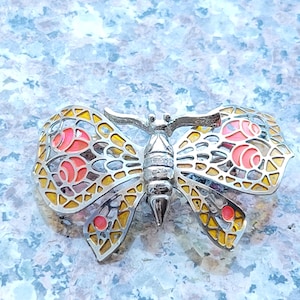 Vintage Plique-a-Jour Orange and Pink Silver Tone Butterfly Brooch