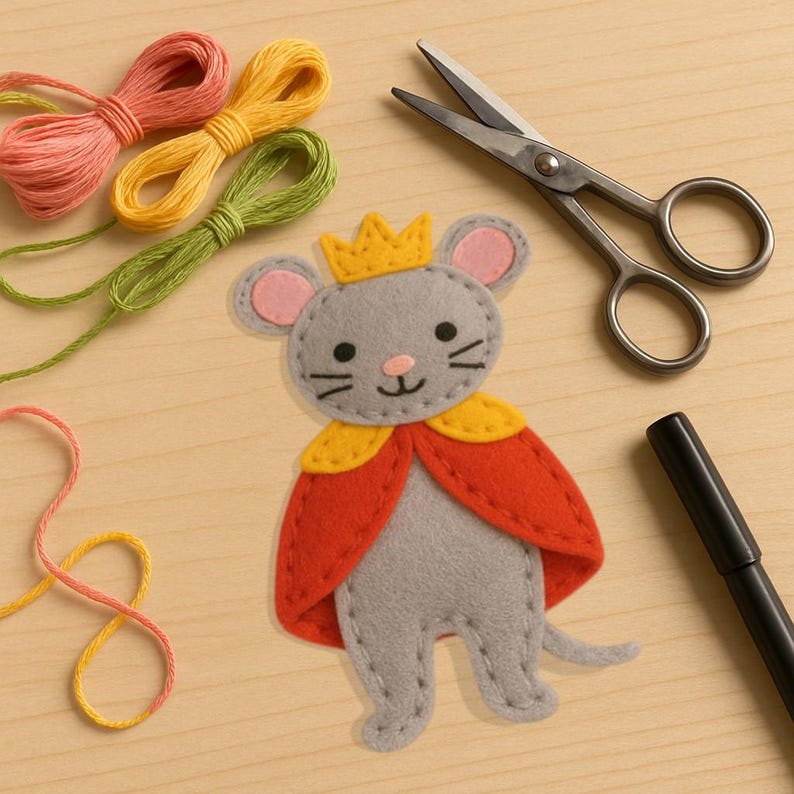 May include: A felt mouse wearing a crown and cape, with embroidery floss and scissors. The mouse is gray with pink ears, a yellow crown, and a red cape. The floss is in shades of pink, yellow, and green. A black marker and scissors are also present.