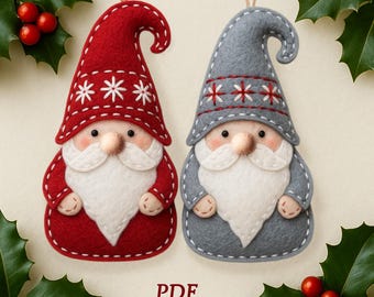 Patrón y tutorial en PDF para adorno de gnomo de fieltro, proyecto de costura a mano, descarga instantánea, regalo navideño hecho a mano, decoración navideña para el hogar.