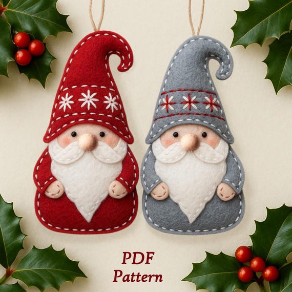 Felt Gnome Ornament PDF Pattern & Tutorial, Hand Sewing Craft Project Instant Download, DIY Handmade Christmas Gift, Holiday Home Decor