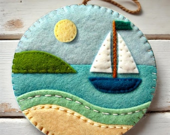 Felt Sailboat Ornament Sewing Pattern and Tutorial, DIY Summer Felt Ornament with Sea Landscape and Boat Handmade Nautical Decor Shower Gift