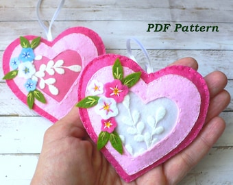 Felt Heart Ornament with Flowers and Lace Pattern and Tutorial - DIY Sewing Project  Valentines Day and Mothers Day Handmade Gift Home Decor