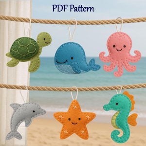 Set of 6 Felt Ocean Animal Ornaments Pattern & Tutorial; Turtle Whale Dolphin Octopus Starfish Seahorse, DIY Baby Mobile, Nursery Garland