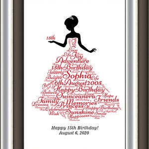 Cadeau personnalisé Quinceanera Word Art imprimable, cadeau imprimable d'art mural Quinceanera, carte à téléchargement immédiat pour 15e anniversaire