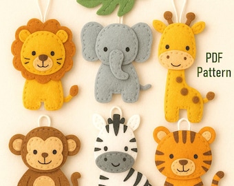 Mönsterset med filtdekorationer i safaridjur, handledning för babymobil eller barnrumsgirlang, djungeldjur DIY-filtpyssel, lejon, elefant, giraff