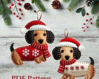 Felt Dachshunds PDF Pattern and Tutorial, Sewing Craft, Christmas Puppy Ornaments in two designs, Handmade Gift for Dog Lover, Gift Tags