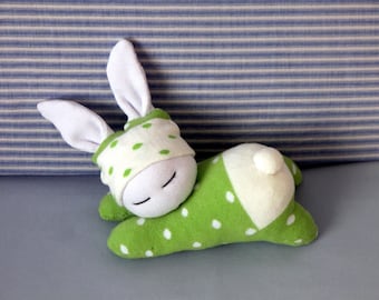 Sleeping sock bunny in green dotted cloth, Easter bunny, Waldorf inspired rabbit, Stuffed toy animal, Baby gift, Nursery decoration