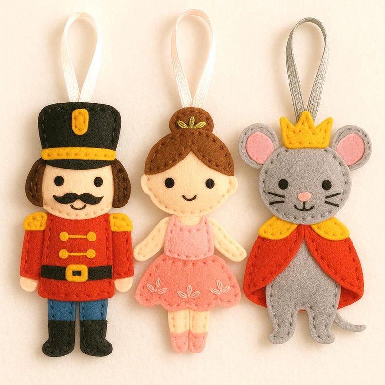 May include: Three felt Christmas ornaments: a toy soldier in red and black, a ballerina in pink, and a gray mouse king with a gold crown and red cape. Each ornament has a white ribbon for hanging.