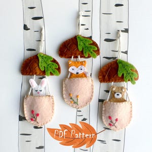 Padrões de costura de ornamentos de feltro de animais da floresta, coelho, urso e raposa em bolotas, decoração de outono faça você mesmo, presente para conjunto de enfeites de Natal, brinquedo em miniatura