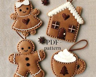 4er Set Weihnachtsanhänger Nähprojekt, Filz Lebkuchenhaus, Tasse, PDF Muster & Anleitung, Handgemachte Weihnachtsdeko aus Filz, DIY Geschenkanhänger