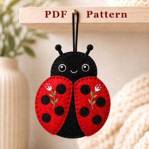 May include: A felt ladybird ornament featuring a black head with white embroidered eyes and a smile, and red wings with black spots and white floral embroidery. The ornament hangs from a black cord and is labelled with the text PDF Pattern.