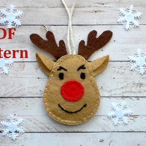 Reindeer Christmas Ornament Sewing Pattern, DIY Felt Ornament Instant Download, Christmas Decor, Reindeer with Smile
