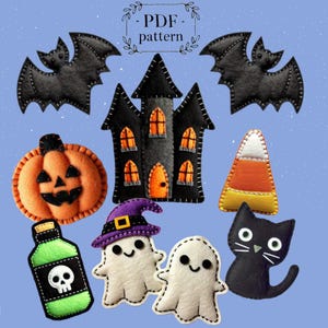 Puede incluir: Un conjunto de patrones de Halloween de fieltro para manualidades. Los patrones incluyen un murciélago negro, una casa encantada negra, una calabaza naranja, un maíz dulce amarillo y naranja, una botella de poción verde, dos fantasmas blancos con sombreros morados y un gato negro.